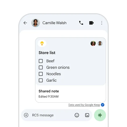 Tapping 'Create a list' in a chat in Google Messages to start a Google Keep note in the same chat on an Android phone.