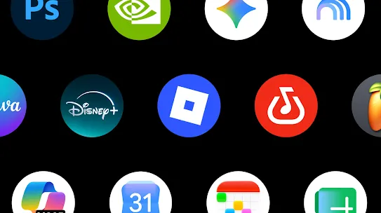 A selection of app icons available on Googlebook, including Adobe Photoshop, NVIDIA, Gemini, Disney+, Roblox, Microsoft 365, and more.
