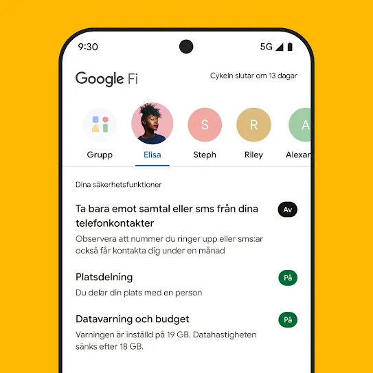 En bild på en smartphone-skärm med Google Fi Wireless öppet. En rad med kontakter visas högst upp samt en lista med säkerhetsfunktioner nedanför, bland annat platsdelning och datavarningar.