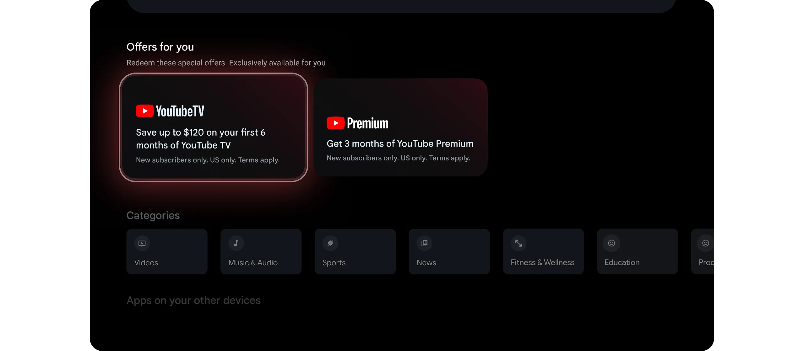 Google TV interface displaying 'Offers for you' promotion cards, with the YouTube TV card highlighted. The row sits above content categories including Videos, Music, and Sports.