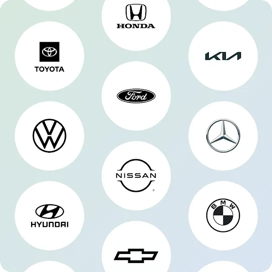 Car logos with their names are inside white circles, lined up in several rows on a blue-ish background.