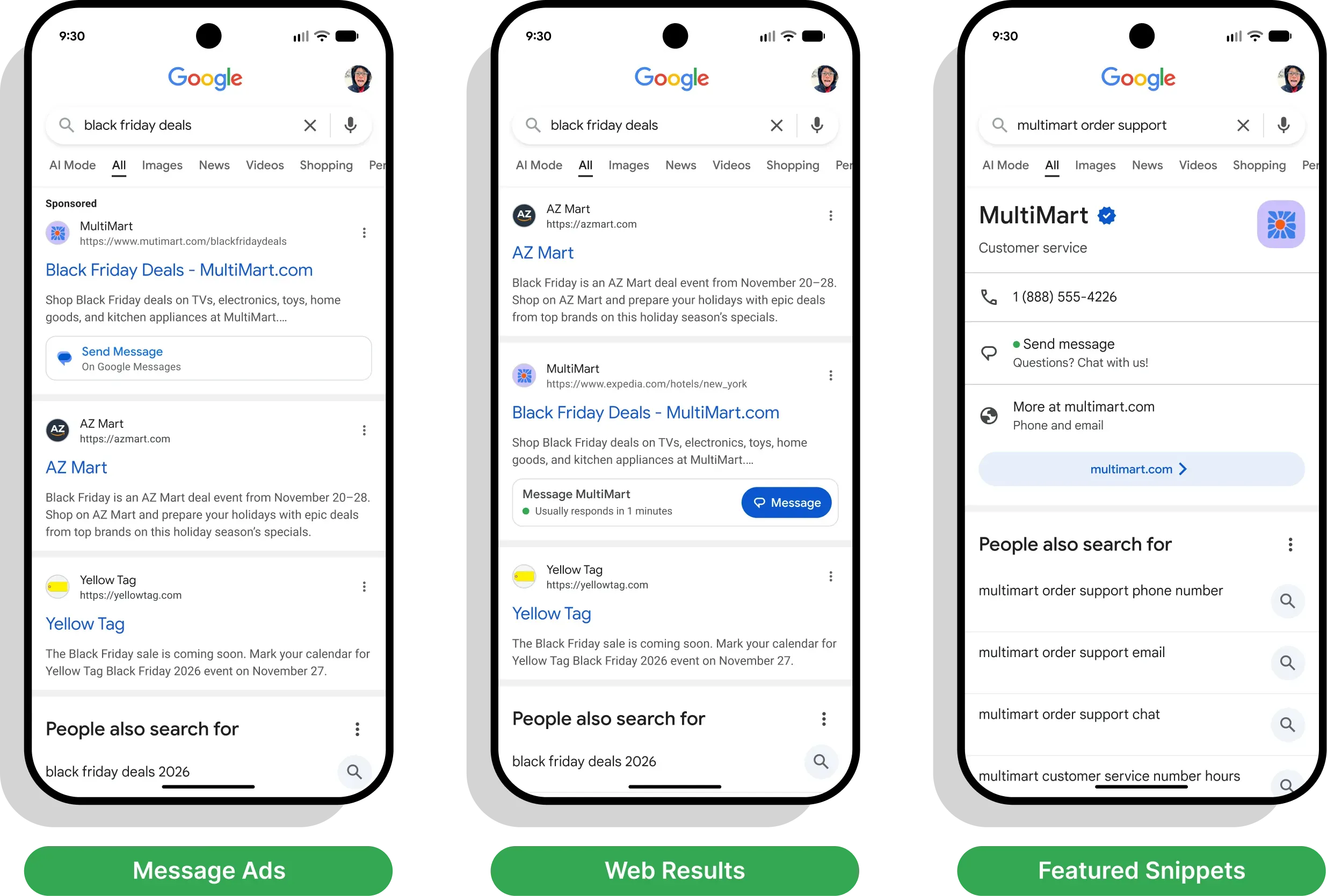 Three mobile screens comparing Google Message Ads, Web Results, and Featured Snippets for e-commerce and support.