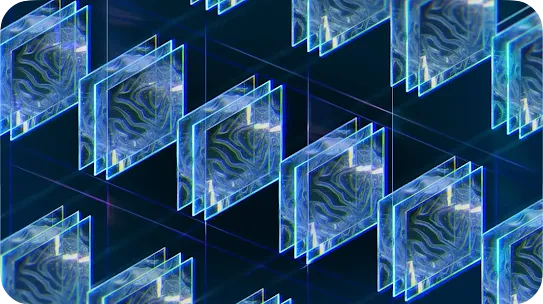 A high-tech abstract 3D render featuring rows of translucent glass panels with glowing blue and green topographical patterns. The panels are organized in a precise grid on a dark background, representing an AGI cognitive framework.