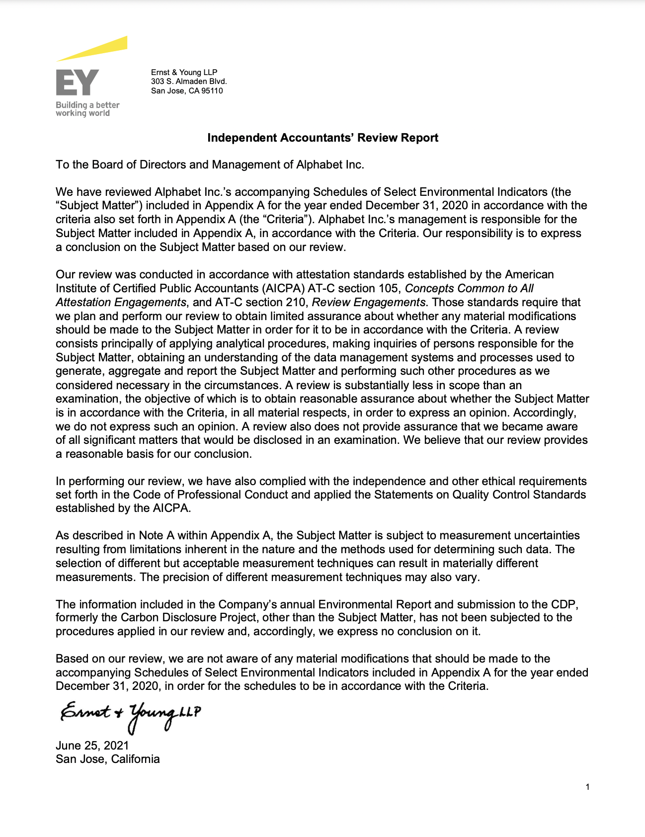 Cover image of Alphabet's 2021 (FY2020) Environmental Indicators Assurance Letter