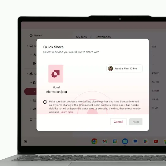Một đoạn video ngắn cho thấy tính năng Chia sẻ nhanh trên Chromebook đang gửi một tệp sang điện thoại Android và điện thoại Android chấp nhận tệp đó. 