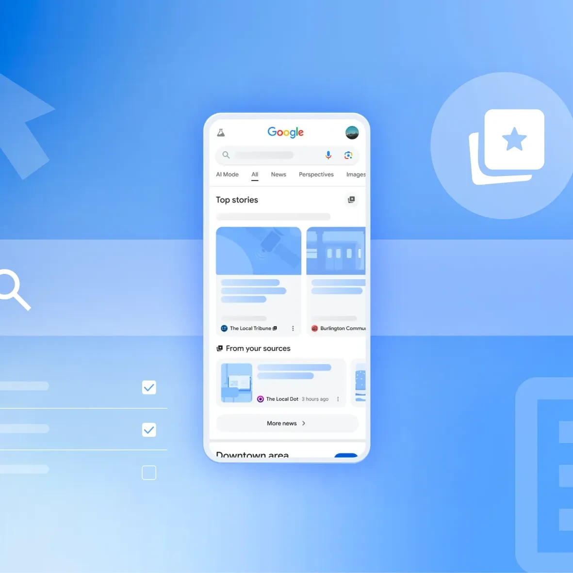 A digital illustration with a blue gradient background shows a mobile phone displaying a Google search results page.