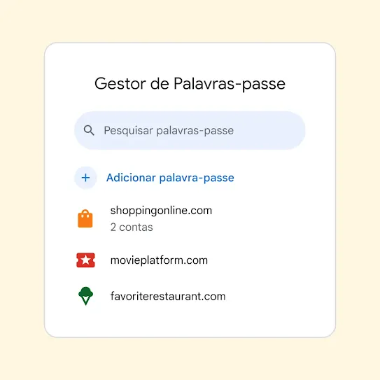 Interface do Gestor de Palavras-passe com um campo para "Pesquisar palavras-passe" acima de um link para "Adicionar palavra-passe".