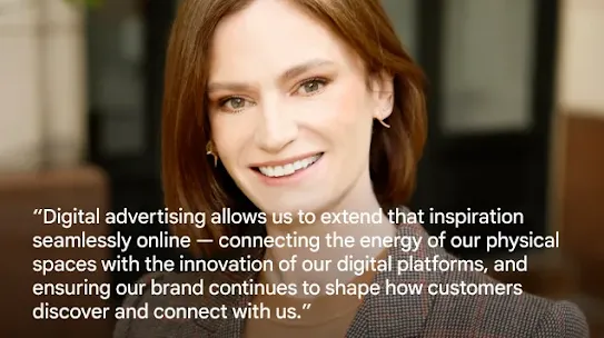 A professional headshot of Ciara Crilly, Creative & Marketing Director at Brown Thomas Arnotts, smiling and wearing a plaid blazer. Overlaid white text reads: “Digital advertising allows us to extend that inspiration seamlessly online — connecting the energy of our physical spaces with the innovation of our digital platforms, and ensuring our brand continues to shape how customers discover and connect with us.” Her name and title are positioned at the bottom.