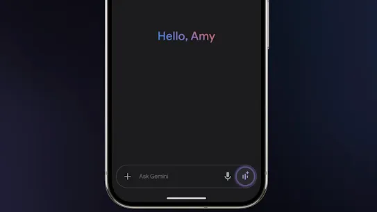 A phone shows “Hello, Amy” as an example of Gemini feature’s introduction screen.