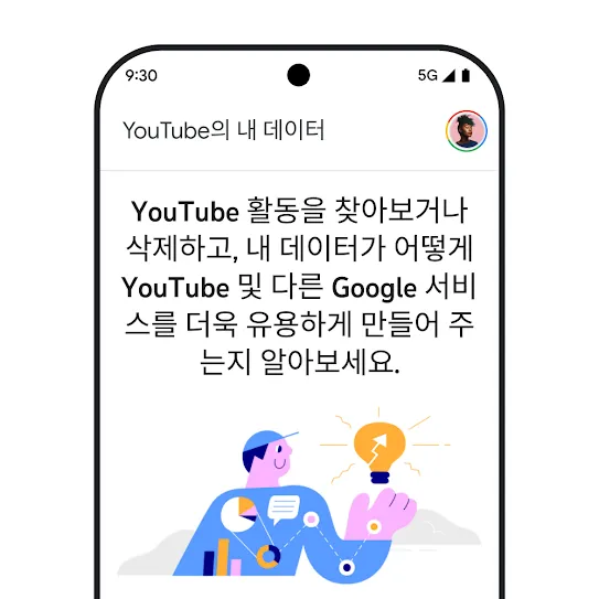 YouTube가 열려 있는 스마트폰 화면의 이미지로, 탐색 및 활동 기록 삭제를 비롯해 'YouTube의 내 데이터'에 관한 정보 메시지가 표시되어 있습니다.