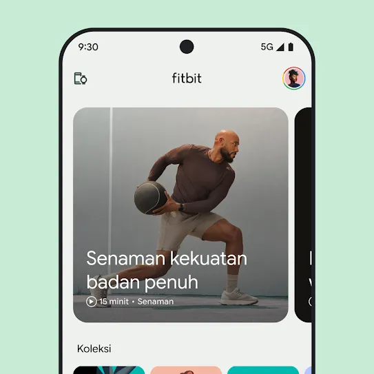 Visual skrin telefon pintar dengan apl Fitbit dibuka, memaparkan imej senaman kekuatan seluruh tubuh.