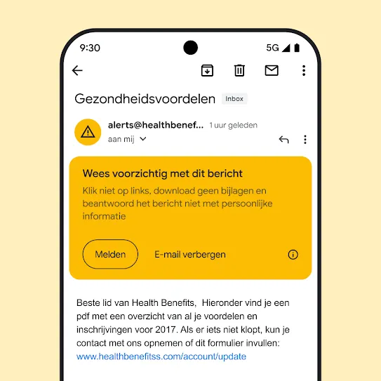 Visuele weergave van een e-mail in Gmail op een smartphonescherm met een beveiligingsmelding van een mogelijke poging tot phishing.