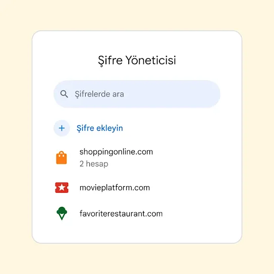 "Şifre ekle" bağlantısının üzerinde "Şifrelerde ara" alanı bulunan Şifre Yöneticisi arayüzü
