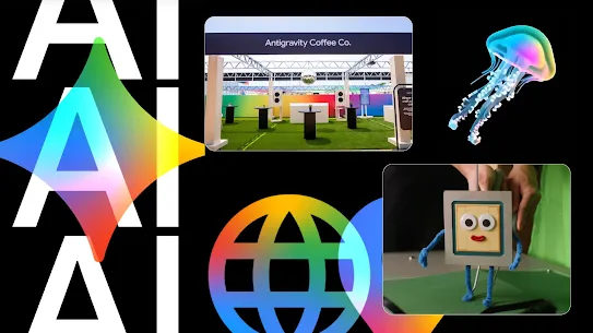A black background featuring large "AI" text, a multi-pointed rainbow star, a photo of an outdoor coffee booth, colorful globe and location icons, a neon jellyfish, and a small square character.