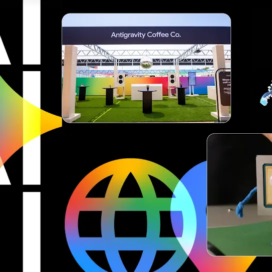 A black background featuring large "AI" text, a multi-pointed rainbow star, a photo of an outdoor coffee booth, colorful globe and location icons, a neon jellyfish, and a small square character.