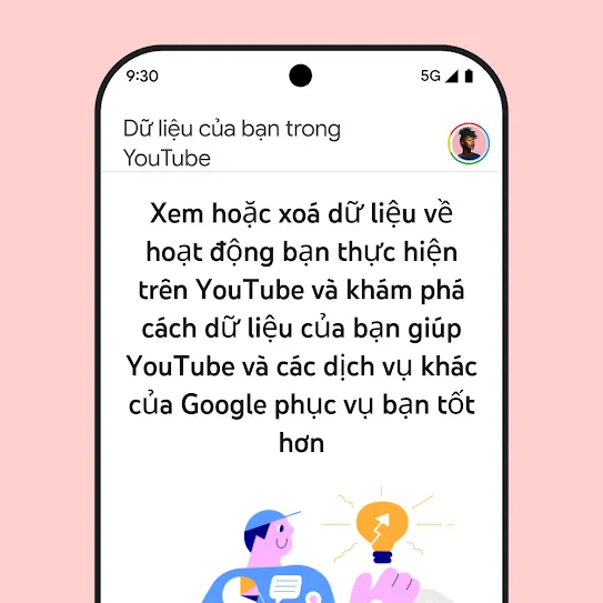 Hình ảnh màn hình điện thoại thông minh đang mở YouTube và hiển thị một thông báo về phần "Dữ liệu của bạn trong YouTube", trong đó có thông tin chi tiết về việc duyệt xem và xoá nhật ký hoạt động.