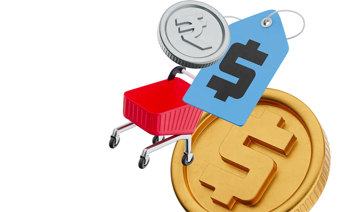 Group of illustrations including a shopping cart and coins of different currencies