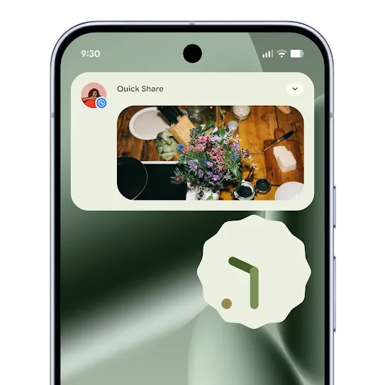 A Quick Share window on an Android phone screen shows a picture of a bouquet of flowers surrounded by kitchen items on a wooden table. 