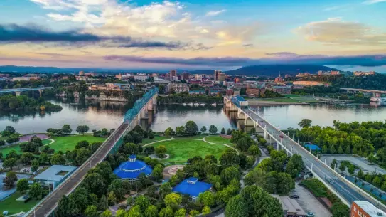 view of the city of Chattanooga with multiple bridges over the river