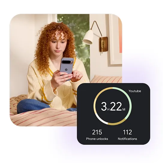 A person sitting on a bed looking at a smartphone, with an overlaid digital wellbeing widget showing screen time statistics.