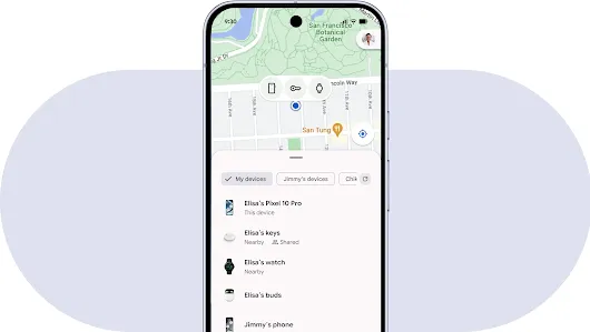 A phone screen shows a pin pulsating behind the phone, key, and watch icons on a map.  