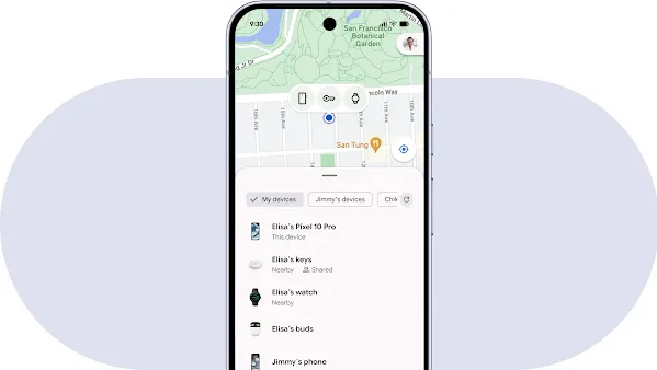 A phone screen shows a pin pulsating behind the phone, key, and watch icons on a map.  