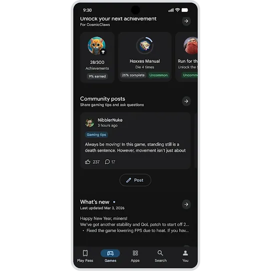 Asking a question on a game’s detail page in Google Play on an Android phone and receiving notification that a fellow player replied to the question.