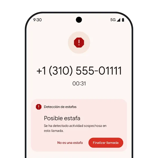 Imagen de la pantalla de inicio de un smartphone Pixel en la que se muestra la notificación de una llamada de spam rechazada automáticamente.
