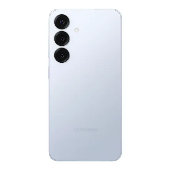 The Samsung Galaxy S25 flips from back to front, revealing its home screen. The Google search bar animates out with a colorful overlay. It reads: