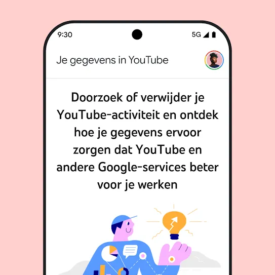Visuele weergave van een smartphonescherm met YouTube geopend, waarop een informatief bericht over Je gegevens in YouTube wordt getoond met details over browse- en verwijderactiviteit.