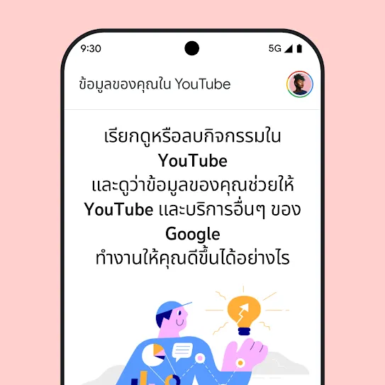 ภาพหน้าจอสมาร์ทโฟนที่เปิด YouTube อยู่ โดยแสดงข้อความให้ข้อมูลเกี่ยวกับ "ข้อมูลของคุณใน YouTube" รวมถึงรายละเอียดเกี่ยวกับการท่องเว็บและการลบประวัติกิจกรรม