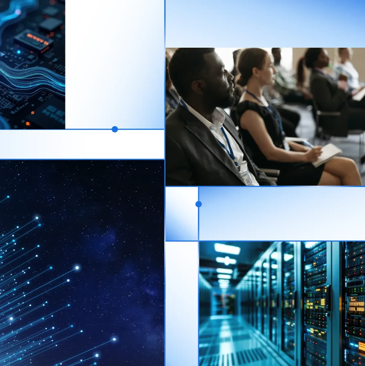 Microchip, data streams from Earth, professionals at conference, server racks.