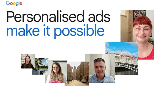 A Google promotional graphic with the headline "Personalised ads make it possible" in bold black and blue text. Below the text is a curved collage of photos featuring various small business owners and European urban scenes, including a bridge and a historic town square, set against a clean white background.