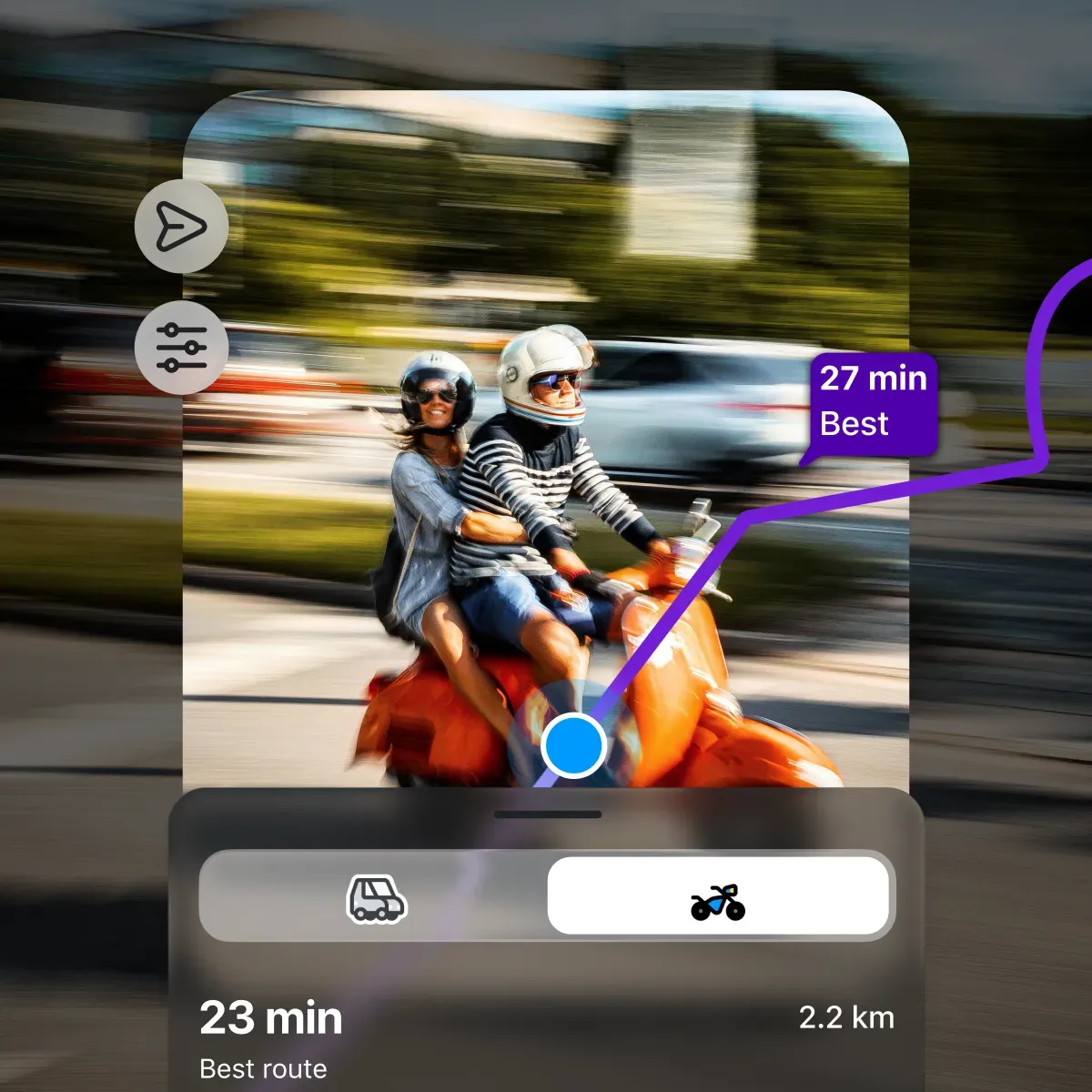 Waze motorcycle routing navigation interface showing ETA route on a scooter ride