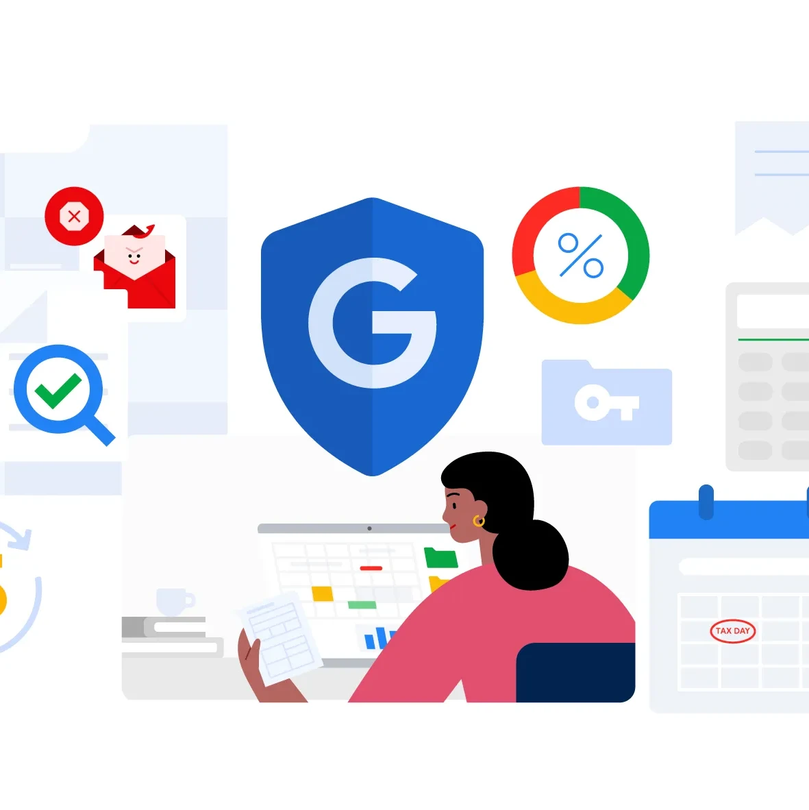 Blue shield with a G on it surrounded by icons: dollar sign, calendar, percentage sign, folder with key on it, calculator, receipt