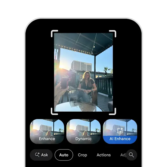 Tapping AI Enhance in Google Photos on an Android phone to automatically fix the lighting and exposure in a photo.