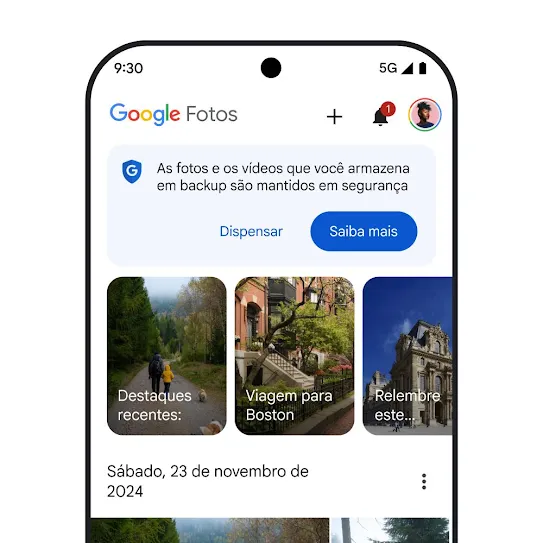 Imagem da tela de um smartphone com o Google Fotos aberto, mostrando uma mensagem de segurança que diz "As fotos e os vídeos que você armazena em backup são mantidos em segurança", e um botão clicável para saber mais.