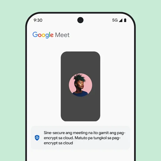Visual ng screen ng smartphone na nakabukas ang Google Meet, na nagpapakita ng mensahe sa ibaba ng meeting na nagbibigay ng impormasyon tungkol sa naka-encrypt sa cloud.