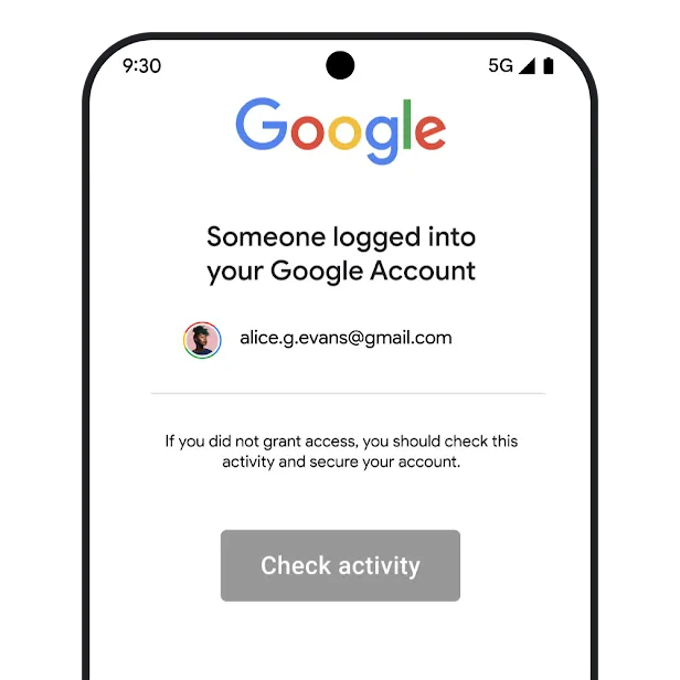 다른 사람이 계정에 로그인했음을 알리고 활동 확인을 안내하는 Google의 공식 계정 보호 화면 예시
