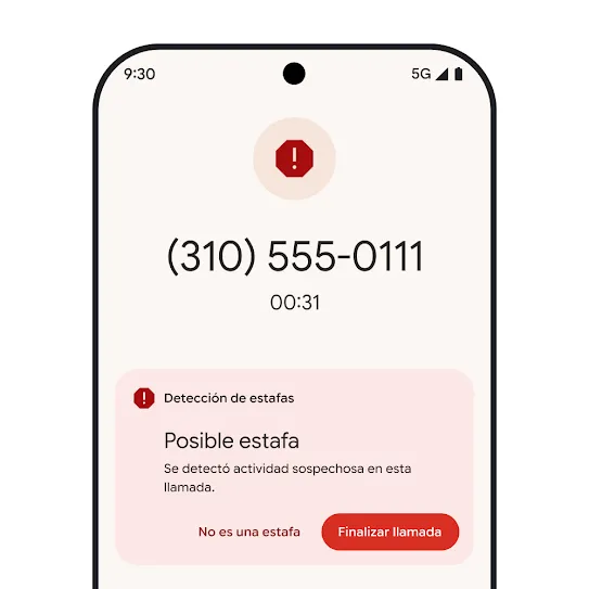Imagen de la pantalla principal de un smartphone Pixel en la que se muestra la notificación de una llamada de spam rechazada automáticamente.