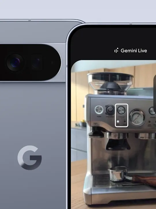 Front and back view of a Moonstone Google Pixel 10 phone. The screen shows an image of an espresso machine to use as an example of how Gemini Live's newest feature works highlighting information you need on your phone screen.