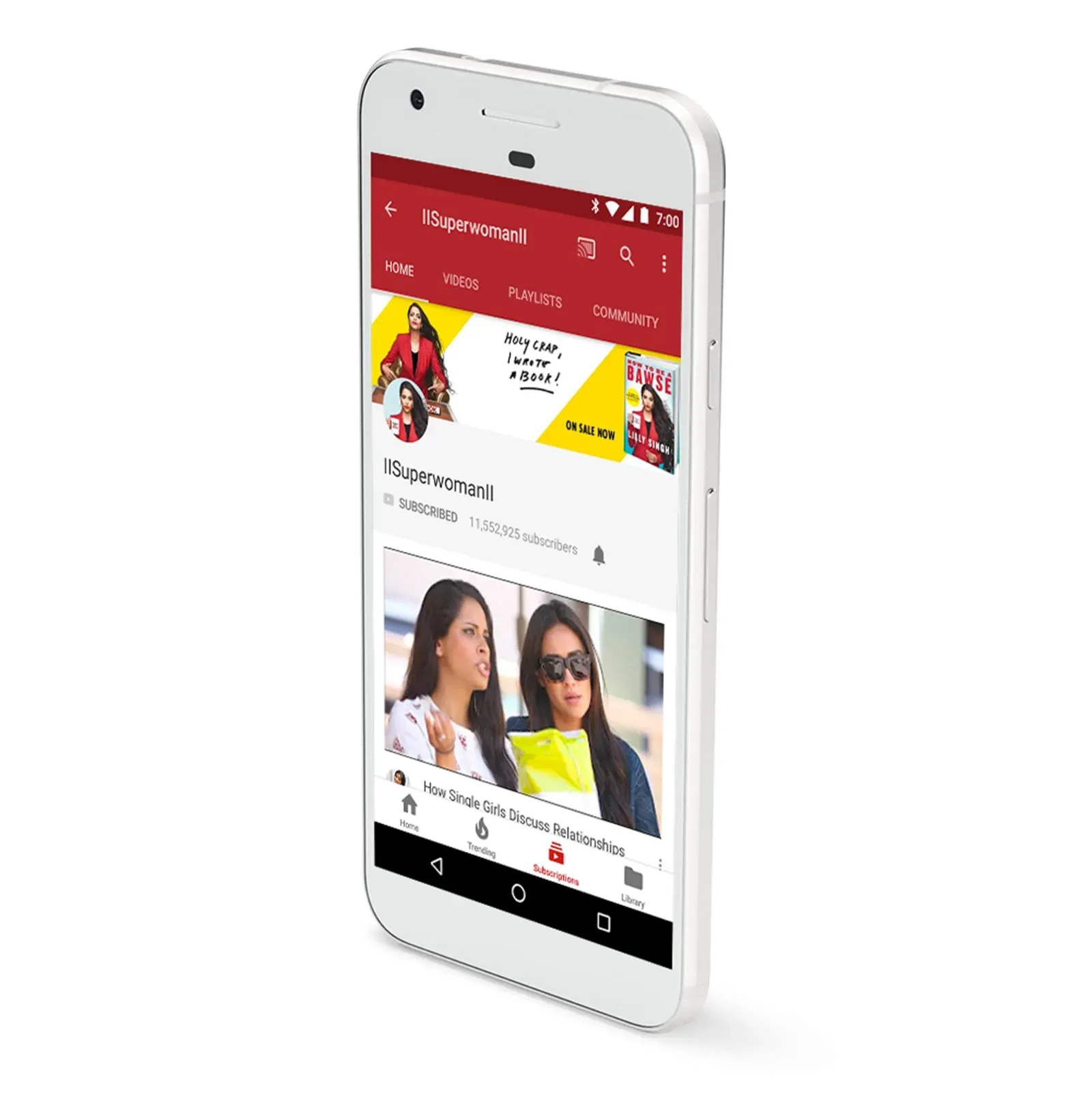 A smartphone displaying the YouTube channel profile for 'Superwoman' with a book promotion banner.