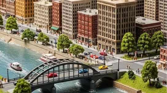 A high-angle, tilt-shift photograph of an intricate miniature city model. The scene includes a gray arched bridge crossing a blue river with small boats, colorful tiny cars on the streets, green trees, and various brown and tan multistory buildings. The image serves as a visual metaphor for urban planning and city management.