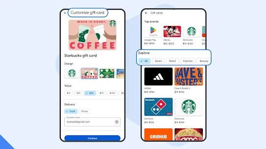 Two phone screens display the process of buying digital gift cards on Google Play, including selecting a retailer, gift amount, and delivery method.