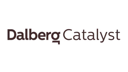 Official Dalberg Catalyst logo displaying dark brown text centered against a plain white background.