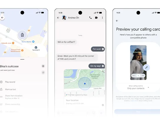 Mobile UI mockups illustrating new updates on Android. 