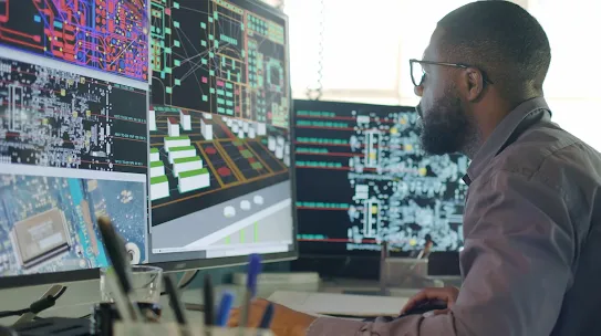 man monitoring multiple screens with security footage and data