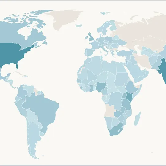 A stylized global choropleth map featuring countries shaded in varying tones of blue and beige, with regions like the United States and India highlighted in dark teal.
