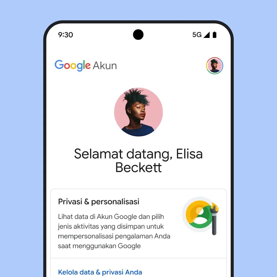 Gambar UI Akun Google Saya, termasuk pesan tentang privasi dan personalisasi, serta link untuk mengelola data dan privasi Anda.