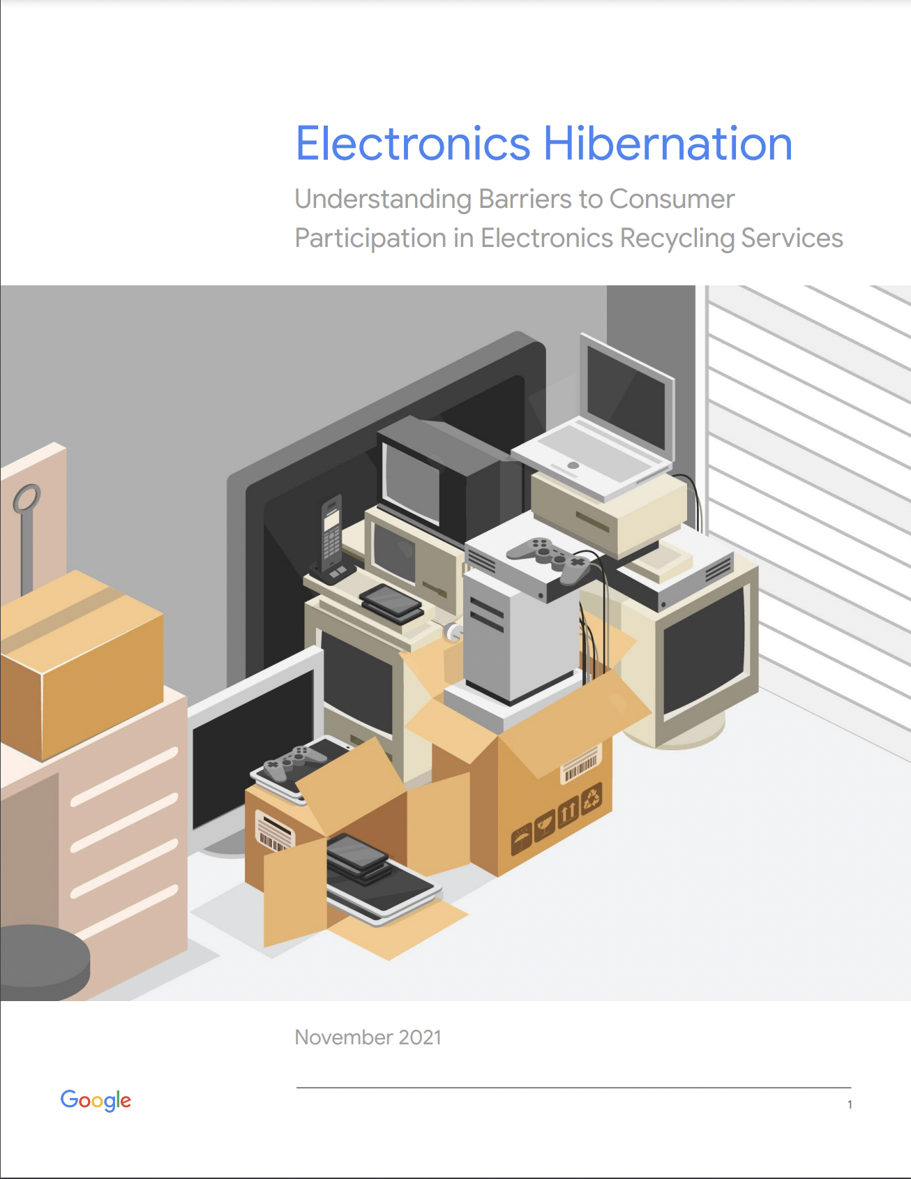 Cover image of a white paper titled: Electronics Hibernation: Understanding Barriers to Consumer Participation in Electronics Recycling Services